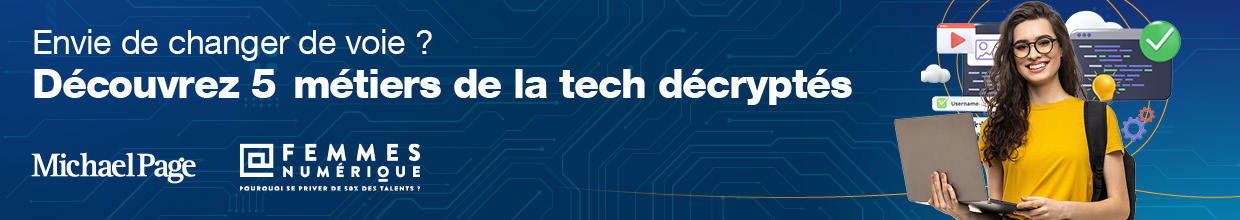 femme qui tient un ordinateur. Texte : Envie de changer de voie ? Découvrez 5 métiers de la tech décryptés