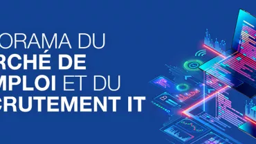 Illustration du marché de l'emploi IT avec un ordinateur portable et des graphiques numériques.
