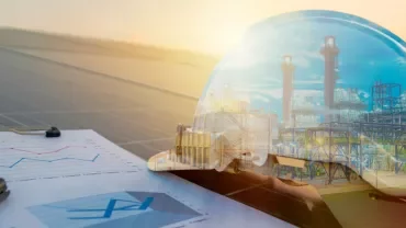 Casque superposé à une image d'usine industrielle avec des graphiques sur une table.