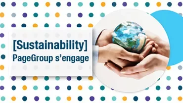 Des mains tiennent un globe terrestre avec le texte 'PageGroup s'engage'.