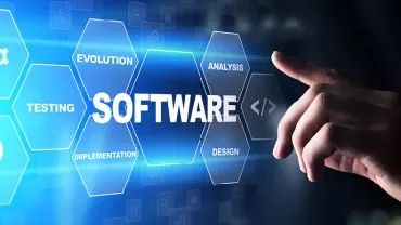 Diagramme de développement logiciel avec une main pointant vers l'écran.