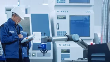 Technicien en tenue de protection dans une usine automatisée moderne.