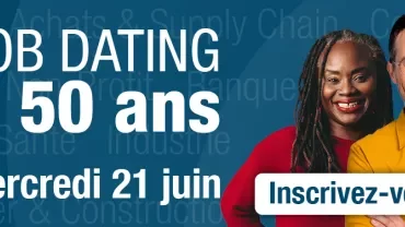 Bannière annonçant un évènement de job dating pour les plus de 50 ans le mercredi 21 juin.