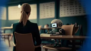 Un robot interviewe une personne assise à une table dans une salle moderne.