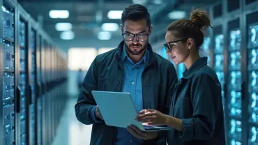 Ingénieur ou technicien dans une salle de serveurs épurée avec voyants lumineux, analysant les connexions sur un pc portable