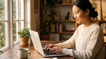 Femme en télétravail qui se renseigne sur internet