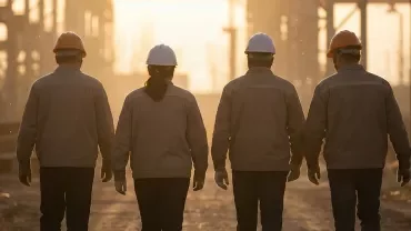 4 techniciens de dos marchant sur un chantier extérieur