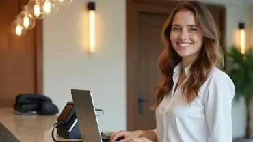 Hôte ou hôtesse d'accueil souriant(e) derrière un comptoir moderne, ambiance hôtel ou grande entreprise.