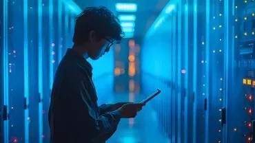 Jeune homme consultant une tablette dans un datacenter