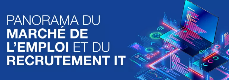 Illustration du marché de l'emploi IT avec un ordinateur portable et des graphiques numériques.