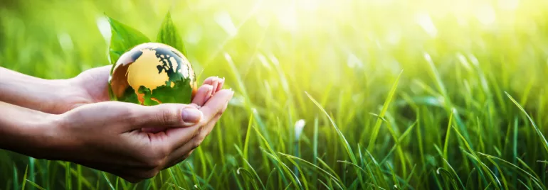 Mains tenant un globe en verre au-dessus d'herbe verte.