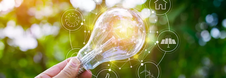 Ampoule lumineuse avec icônes d'énergie renouvelable en arrière-plan flou.
