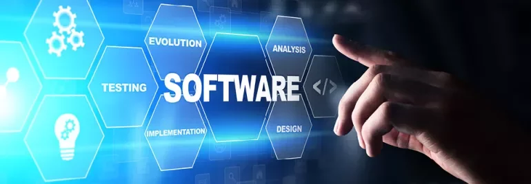 Diagramme de développement logiciel avec une main pointant vers l'écran.