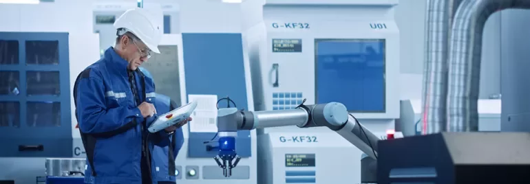 Technicien en tenue de protection dans une usine automatisée moderne.