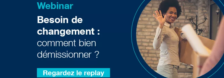 Affiche de webinar sur la démission avec personne souriante