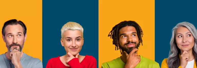 Quatre personnes pensives devant des fonds colorés.