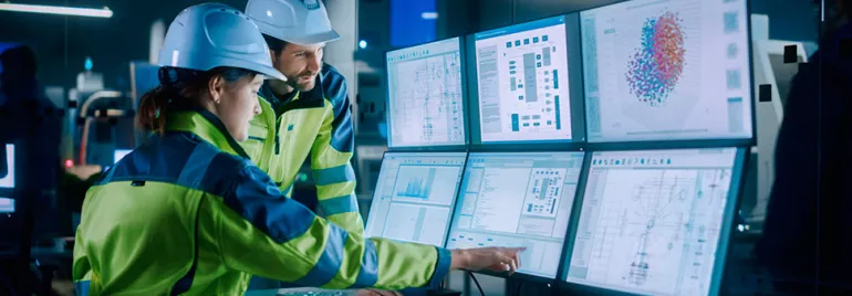 Travailleurs en usine analysant des données sur plusieurs écrans d'ordinateur.