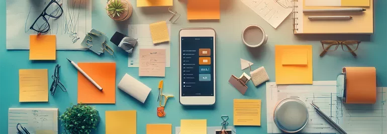 Table contenant des post-it, stylos et autres affaires pour travailler