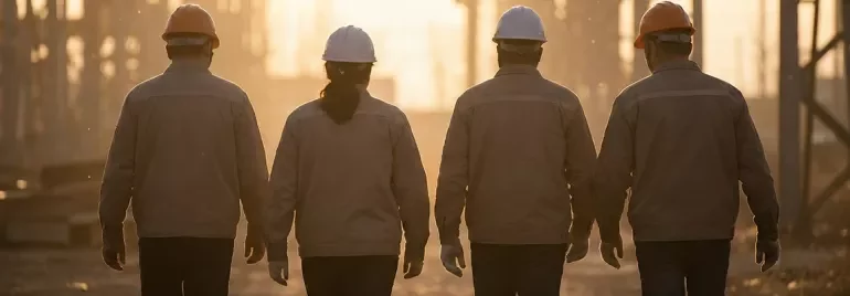 4 techniciens de dos marchant sur un chantier extérieur
