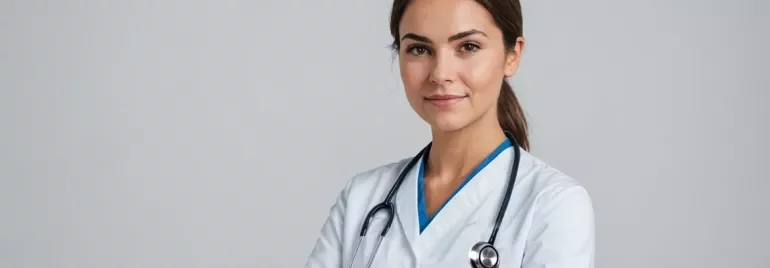 Infirmier(ère) en tenue professionnelle, regard professionnel et bienveillant.