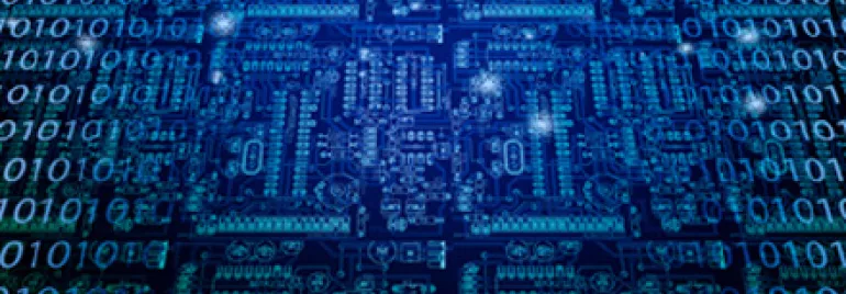 Image de circuits numériques avec des chiffres binaires.
