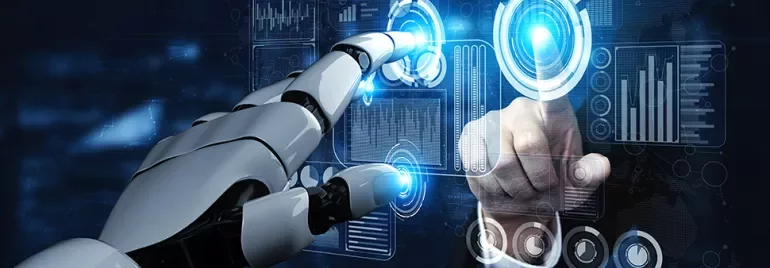 Un robot et une main humaine interagissent avec des interfaces numériques futuristes.