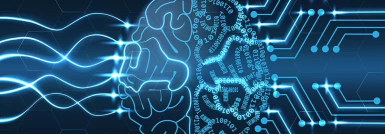 Illustration d'un cerveau avec des motifs numériques et circuits
