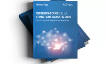 Livre bleu sur l'Observatoire de la fonction achats 2030 avec un réseau lumineux sur la couverture.