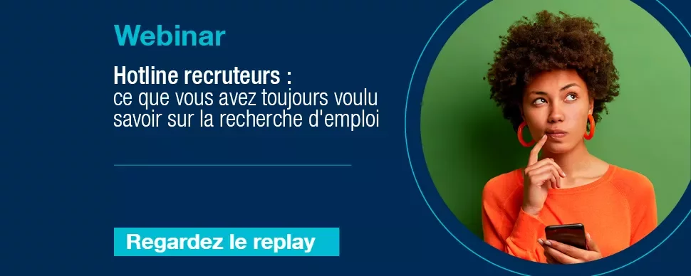 Annonce pour un webinar sur la recherche d'emploi avec une personne pensive.