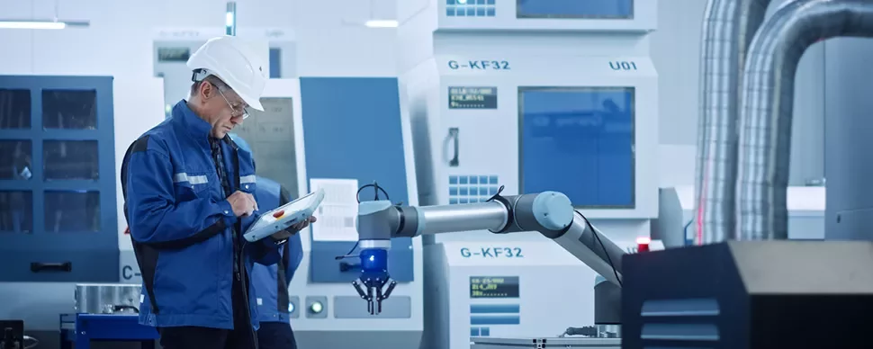 Technicien en tenue de protection dans une usine automatisée moderne.