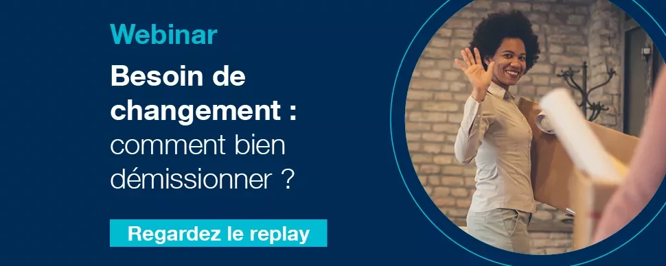 Affiche de webinar sur la démission avec personne souriante