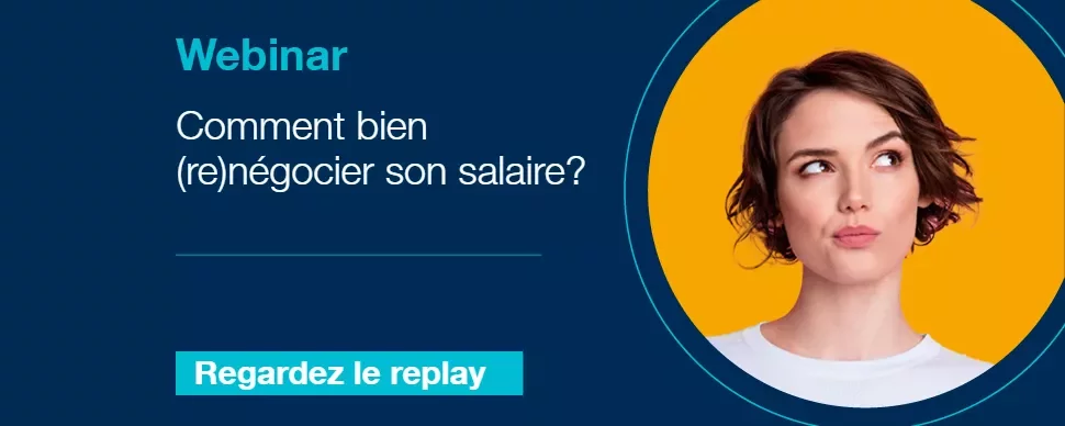 Annonce pour un webinar sur la négociation salariale avec une personne pensive en photo.