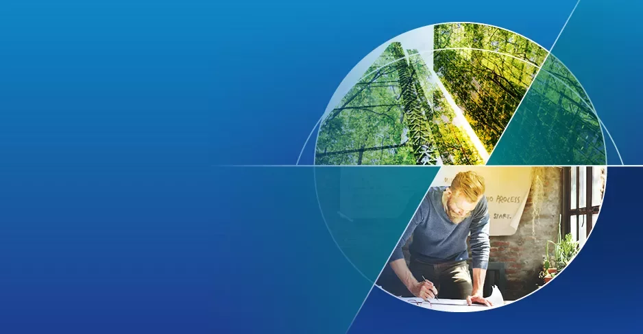Image circulaire avec nature et personne travaillant sur un projet.
