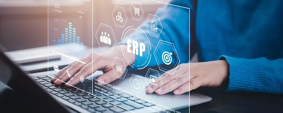 Personne utilisant un ordinateur avec des graphiques ERP à l'écran.