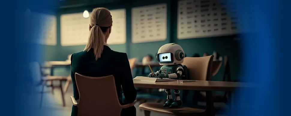 Un robot interviewe une personne assise à une table dans une salle moderne.