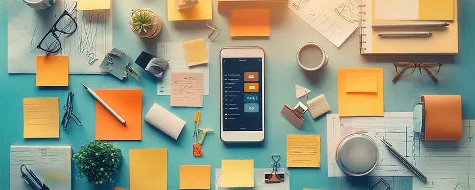 Table contenant des post-it, stylos et autres affaires pour travailler