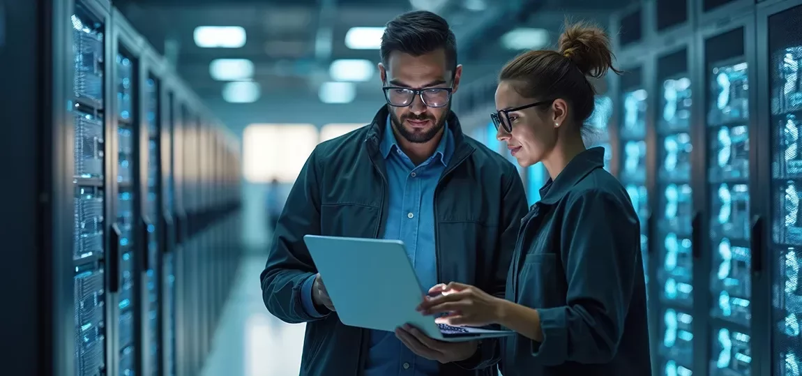 Ingénieur ou technicien dans une salle de serveurs épurée avec voyants lumineux, analysant les connexions sur un pc portable
