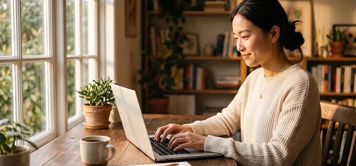 Femme en télétravail qui se renseigne sur internet