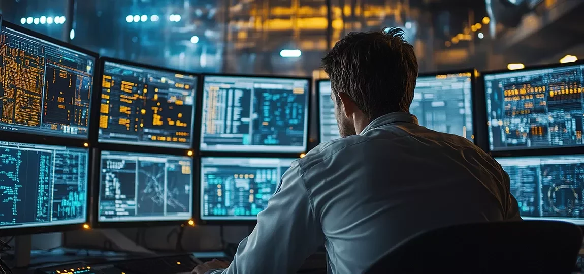 Ingénieur IT en salle serveurs ou devant écrans de code, ambiance technique et moderne
