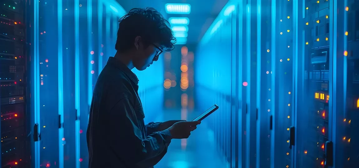 Jeune homme consultant une tablette dans un datacenter