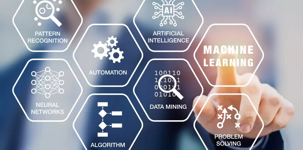 Écran tactile montrant des concepts d'intelligence artificielle.