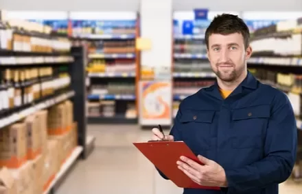 Personne tenant un clipboard dans une allée de supermarché.